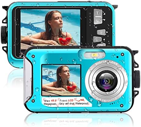 Câmera digital à prova d'água 2,7k 48mp Câmera subaquática de 10 pés 16x Zoom digital Câmera à prova d'água Selfie Telas duplas Câmera subaquática para snorkeling, férias