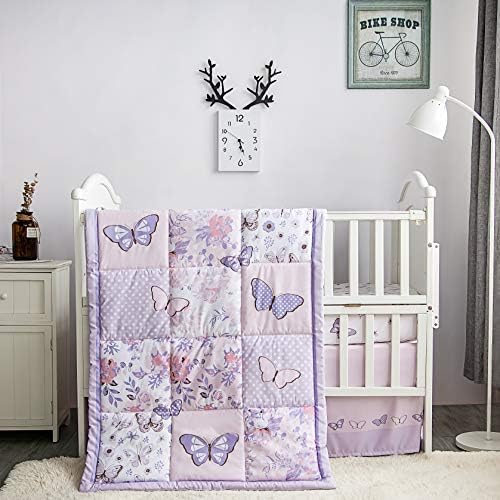 La Premura Butterfly Baby Nursery Berkding Conjunto para meninas - Butterfly 3 peças Tamanho padrão Berço de cama de berço em rosa pastel e roxo