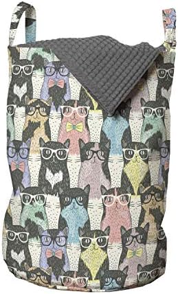 Bolsa de lavanderia de gatos de Ambesonne, padrão com personagens felinos lúdicos hipster com óculos e estilo de gravata