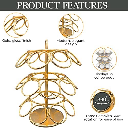 Gold Design Vertical Coffee POD Solder | 27 Exibir K Cup Holder Coffee Organizer | 3 360 graus de 360 ​​graus de café giratório | Suporte para carrossel de rack de café | Armazenamento de café