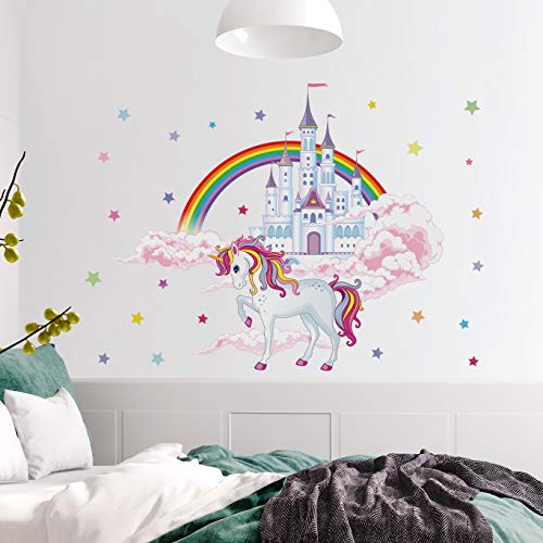 Adesivos de parede de unicórnio coloridos adesivos de unicórnio de parede com arco -íris castelo branco Diy Removável nuvens rosa estrelas decoração de arte de parede para crianças meninas meninas quarto berçário quarto decoração caseira decoração