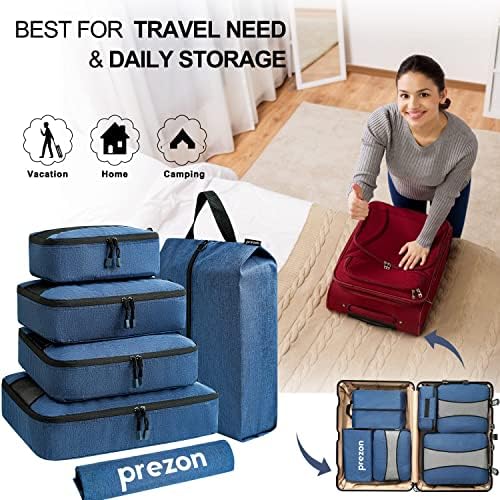 Prezon Premium 6 cubos de empacotamento, bolsas de organizadores essenciais para acessórios de viagem com bolsa de lavanderia e bolsa de sapatos de viagem Marinha