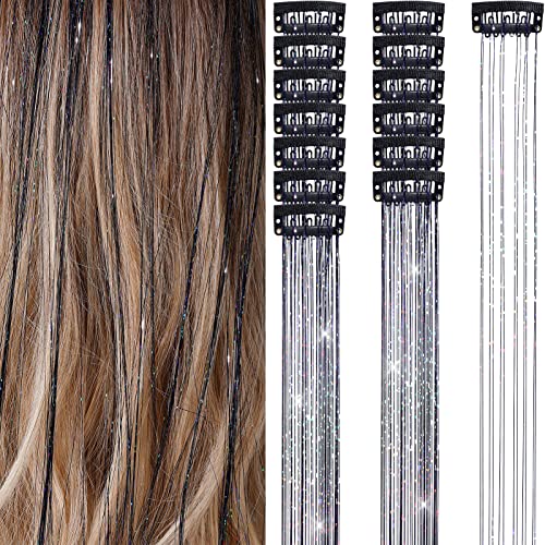 Pacote de 14 pcs clipe no kit de tinsle de cabelo, 18,5 polegadas Glitter Tinsel Hair Extension com clipes, fios de fadas resistentes ao calor Fios de fada para mulheres Festival Festival Acessórios para o Festival