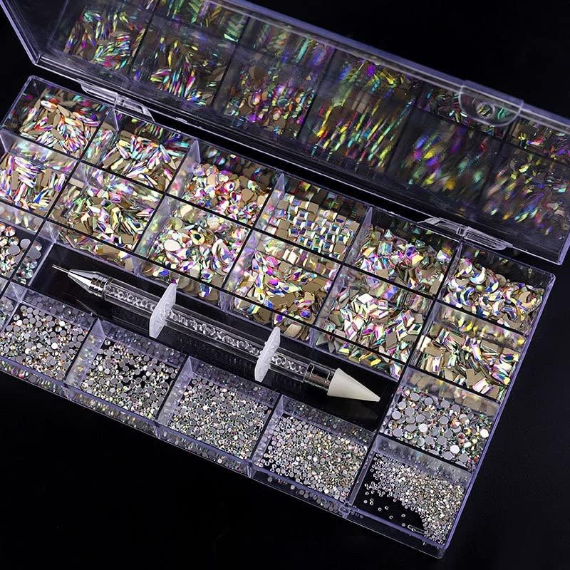 AB misto Crystal Diamond SS4 -SS20 Strass plano Decoração de unhas de unhas 21 Acessórios de unhas da caixa de grade Conjunto com 1 Pick Up Pen -