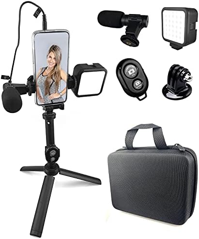 Kit ACuvar HD Vlogging com tripé de alumínio, luz do anel LED dobrável, microfone auxiliar de espingarda e suporte de telefone rotativo