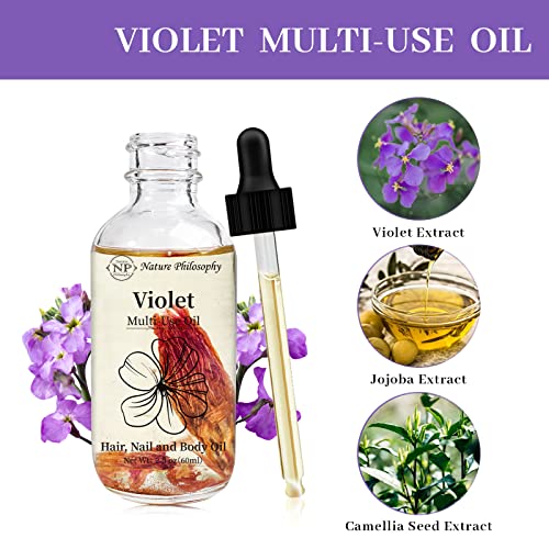 NP Nature Philosophy Violet Use Oil para rosto, corpo e cabelo - Óleo essencial para plantas orgânicas para pele seca, couro cabeludo e unhas - 2 fl oz