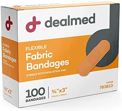 Dealmed Fabric Flexible Adhesive Bandrages-100 bandagens com blocos antiaderentes, Latex Free, Wound Care for First Soces