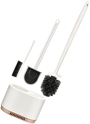 Escova de vaso sanitária e suporte de suporte 4 para banheiro, escova de vaso sanitário flexível de cabeça com cerdas de silicone e pincel pequeno, base de slots de ventilação