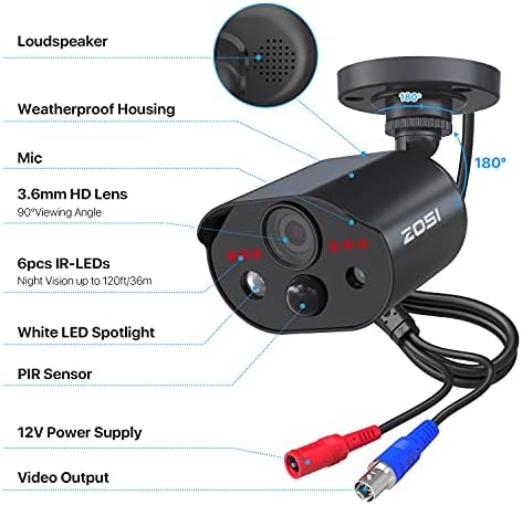 ZOSI C303 1080P HD-TVI Câmera de segurança externa com gravação de áudio, Visão noturna de 120 pés IR, Motion ativado Spotlight & Siren Alarm, Pir Motion Deteciton, Kit de câmera de bala de CCTV à prova de clima