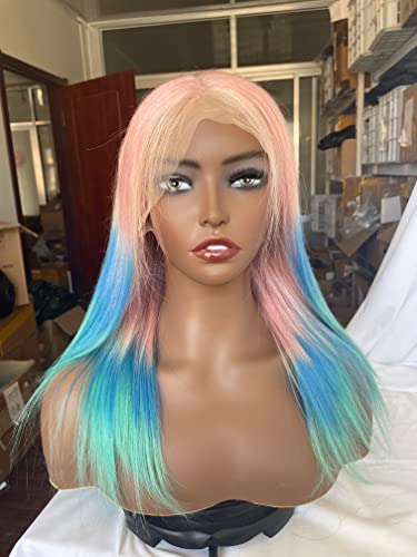 Dreambeauty ombre cor azul rosa 13x4 transparente renda frontal Human Human Wig para mulheres sedoso reto 150% Densidade