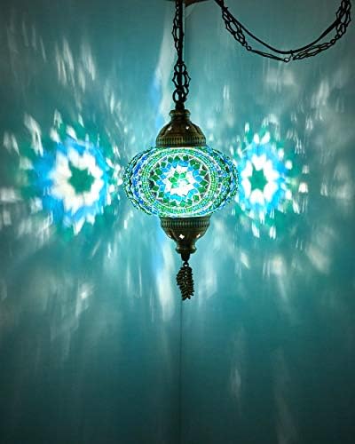 Demmex Turkish Marroquan Mosaic Swag Plug no teto pendente Luz pendurada com cadeia decorada com um cabo de 15 pés e plugue