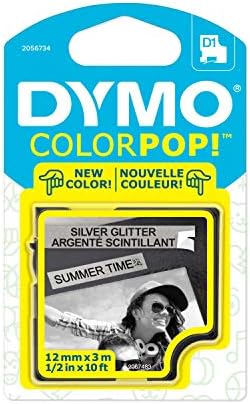 Dymo Colorpop Authentic Label Maker Taker, 1/2 W x 10 'L, estampa preta no brilho prateado, padrão D1