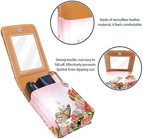 Mini estojo de batom com espelho para bolsa, rosa rosa e titular de caixa portátil de borboleta