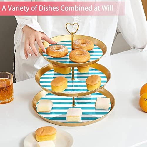 3 Placa de fruta de cupcake de 3 camadas de sobremesa Plástico para servir suporte de exibição para casamento de aniversário Decorações de chá de chá de chá de bebê redondo, padrão de faixa azul e branco