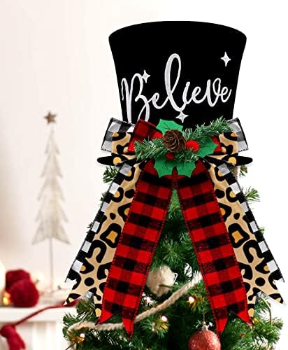 Topper Topper Buffalo Plaid Christmas Tree Topper com leopardo artesanal Black e Red Check Arcos Xmas Believe Ornament