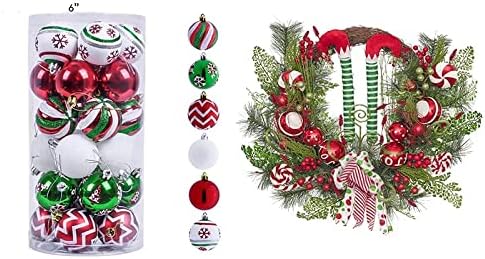 Valery Madelyn Red Green White White Christmas Decorações Pacote | Ornamentos de bola de 30ct + 24 polegadas deliciosas da cor da cor de Natal
