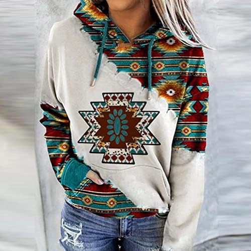 Hoodies de bloco colorido feminino Tops de estilo étnico impressão aztec de pulôver longo de manga comprida Casual Casual