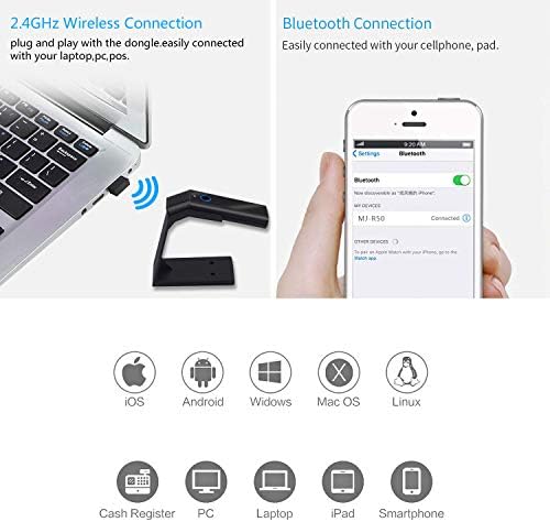 Portátil 2D Bluetooth Wireless Barcode Reader Scanner com Stand, Symcode Handheld sem fio QR Código de barras Scanner 3-em 1 Bluetooth 4.1 e 2.4g sem fio e USB Código de barras Scanner de código de barras com suporte