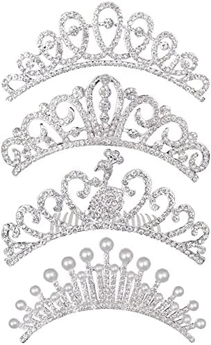 4pcs Crown Hair pente Para crianças, Princesa Rhinestone Coroa pente pente de pérolas brilhantes moda moda bling acessórios de cabelo cristal tiara pente