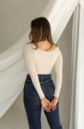 Top de manga longa da Almere para mulheres, contorno com tecido liso liso de contorno duplo com corte básico com corte de pescoço baixo