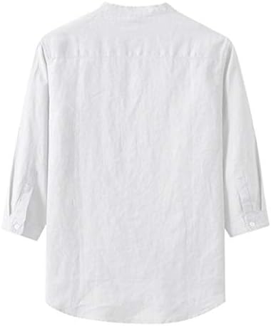 Camisas de manga comprida masculam linho de algodão largo de algodão casual de três quartos de colar
