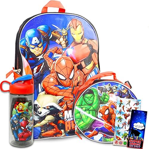 Avengers Backpack With Lanch Box Set - Avengers Backpack for Boys 4-6, lancheira Vingadores, garrafa de água, adesivos, mais | Marvel Vingadores Mochila para meninos