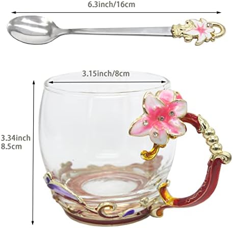 Copo de chá de vidro Canecas Canecas de café Lily Flower Pools com colher conjunta de presentes exclusivos para casamento de aniversário