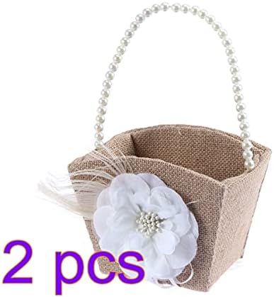 Veemon Flower Girl Basket, cesta de cesto de flores de flores de flores com casamento de coração com bowknot, alça de pérola retrô vintage para cerimônia de casamento vintage decoração de natal