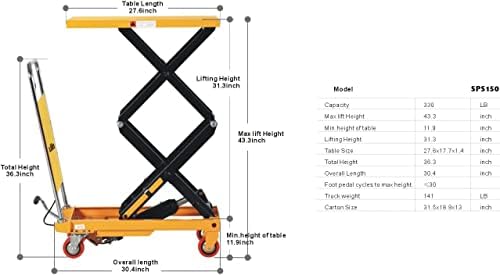 Xilin Manual Hydraulic Table Carrinho Double Scissor 330 libras Capacidade 43,3 Altura de elevação e empilhador de paletes manuais