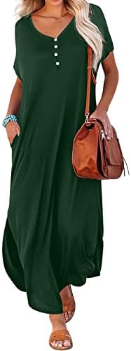 Fehlegd feminino casual manga curta maxi vestidos de verão Moda solta Voto de pescoço Vestido de pulôver longo sólido com bolso