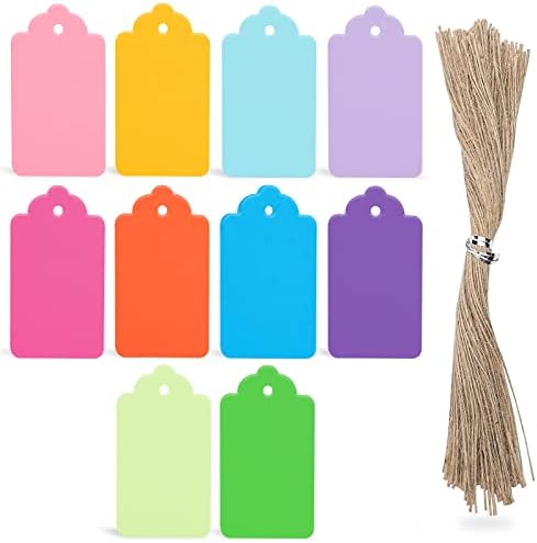 Sallyfashion 100 PCs Tags de presente com corda, 10 cores Kraft Paper Tags pendurando etiquetas de preço de preços tags