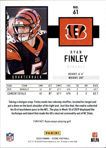 2020 Pontuação #61 Ryan Finley Cincinnati Bengals NFL Futebol Card NM-MT