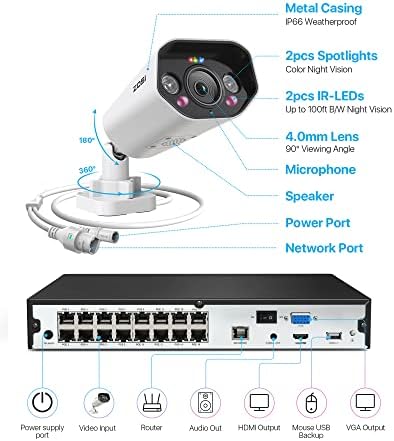 ZOSI 16CH 4K Sistema de câmera de segurança ao ar livre com áudio, H.265+ 16CH 8MP NVR com HDD de 4 TB, 12pcs 4K Spotlight Cameras IP, detecção de movimento, som e alarme de luz, acesso remoto, para casa 24/7