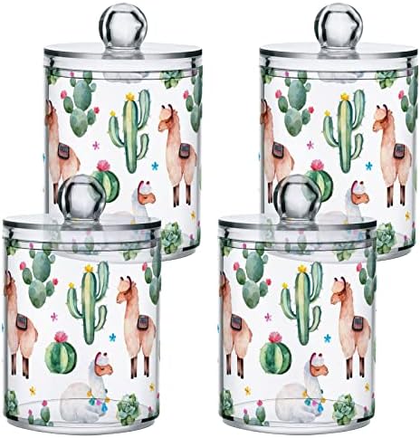 Yyzzh aquarela cactus suculento llama alpaca floral 2 pacote de suporte QTIP Dispensador para algodão swab bola redonda Floss 10 oz Jar jarro de boticário para o banheiro organizador de maquiagem de armazenamento