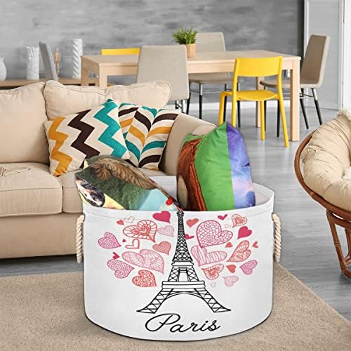 Dia dos Namorados Coração Eiffel Tower Grande cestas redondas para cestas de lavanderia de armazenamento com alças cestas de armazenamento