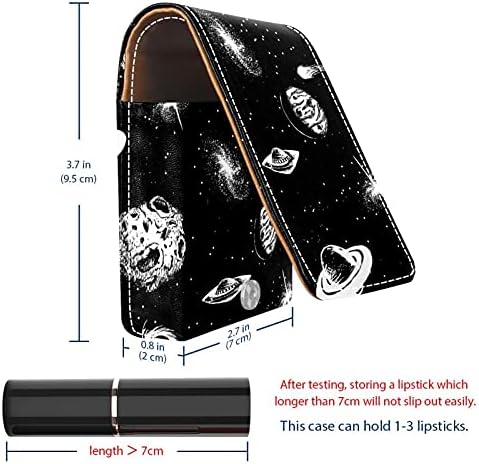 Caixa de batom preto da galáxia para viajar para fora, mini bolsa cosmética de couro macio com espelho, saco de organizador de