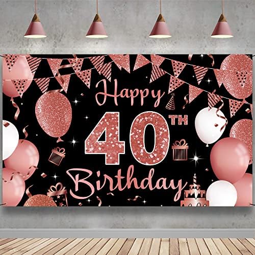 Banner de decorações de 40º aniversário, cenário de 40º aniversário de 40 anos para mulheres, cenário de fotografia de 40 anos, decoração de festa de aniversário de ouro rosa preto, tecido de pôster 6,1 pés x 3,6 pés phxey