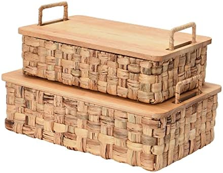 Fundamentos domésticos, cestas de jacinto empilhável naturais com tampas de carvalho, conjunto de 2