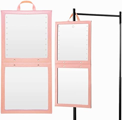 Brüun Hangable Mirror com luzes LED diminuídas para vista luminosa - um espelho de bastidores dobráveis ​​rosa para dançarinos, artistas e esteticistas em casa, spa ou eventos com botão de energia sensível ao toque