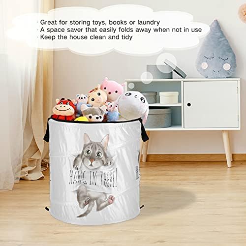 Funny fofo gato pop up lavanderia cesto com tampa cesta de roupa dobrável com alças Organizador de roupas de cesta de armazenamento dobrável para acampamento de apartamento