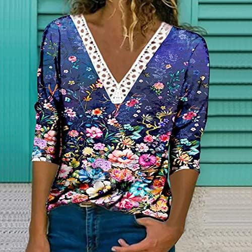 Tampas estampadas florais de primavera para mulheres de crochê de crochê com camisetas de pescoço de pescoço