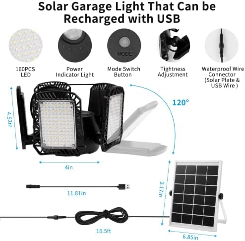 Solar galpão iluminado externo interno - 1200lm 160 luminoso solar pingente com 7 modos Remote & USB Carregamento de 5 folhas - Sensor