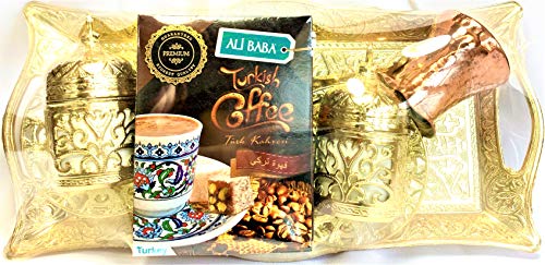 Presente de café em ouro turco com 1 bandeja de zamak, 2 xícaras de café, 2 mangas zamak para xícaras de café e 1 cafeteira