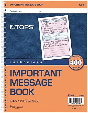 Tops Livro de mensagens telefônicas, limite em espiral, 2 partes, sem carbono, branco e canário, 4 mensagens por página, 400 conjuntos