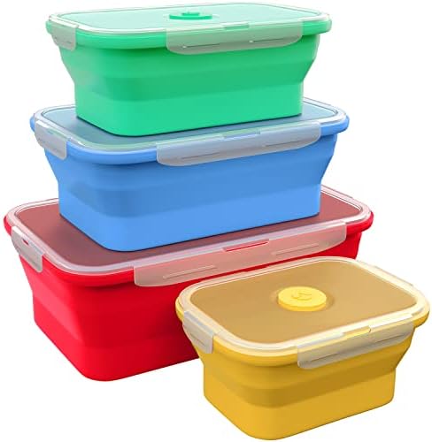 Contêineres de armazenamento de alimentos de silicone Vremi com tampas plásticas herméticas de BPA - Conjunto de 4 pequenos e grandes recipientes de preparação para refeições para lancheiras - microondas e freezer