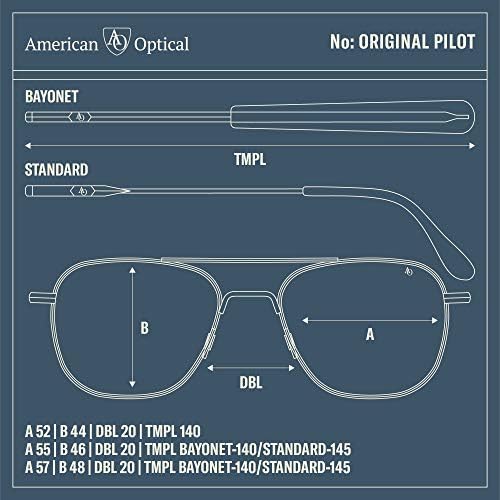 Óculos de sol piloto originais da AO - prata fosco - lentes de vidro de mestre de mestre de calobar - Templo de baioneta - 55-20-140