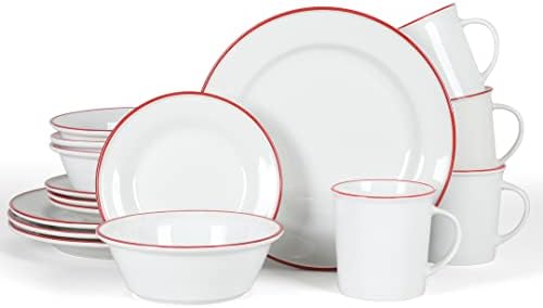 Martha Stewart Cliffield 16 PC Porcelana Conjunto de Dinenders - Branco com aro vermelho