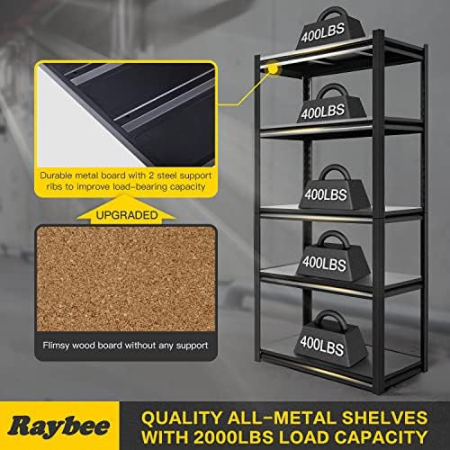 Prateleiras de armazenamento de garagem de Raybee, 5 camadas de 5 camadas prateleiras de garagem rack de armazenamento para escritório de escritório de utilidade comercial da prateleira de armazenamento, 32 x 16,5 x 63 , preto 2 pacote