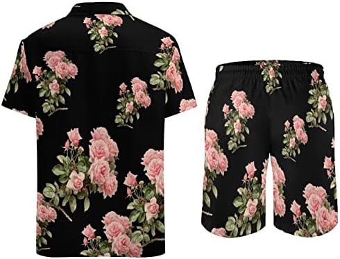 Baikutouan Rosas frescas Rosas de 2 peças masculinas de camisa havaiana Ternos casuais Botão solta para baixo e roupas de férias