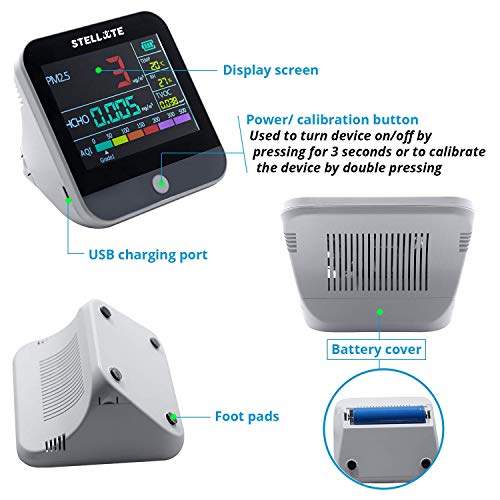 Smart Smart Interior Qualidade do ar interno Monitor Detector Sensor - HCHO/formaldeído, TVOC/partículas orgânicas Matéria, AQI/Índice de qualidade do ar, temperatura e umidade, portátil para casa, escritório